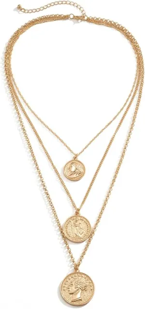 Multi Layered Necklaces for Women, Layered Necklaces Gold Alloy Portrait Embossed Round Pendant Jewelry for Her Adjustable