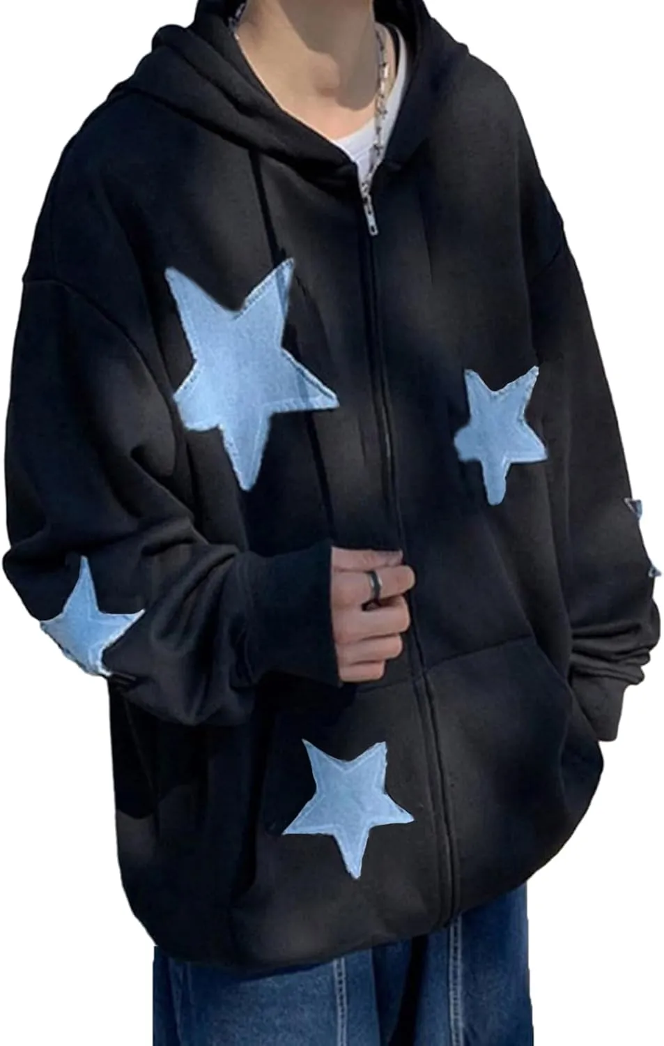 Mxiqqpltky Zip Up Hoodie Women Y2k Star Patch Graphic Hoodies Harajuku Oversized Aesthetic Sweatshirt Jacket Streetwear