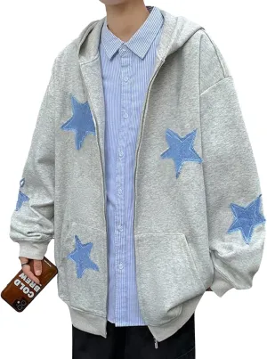 Mxiqqpltky Zip Up Hoodie Women Y2k Star Patch Graphic Hoodies Harajuku Oversized Aesthetic Sweatshirt Jacket Streetwear