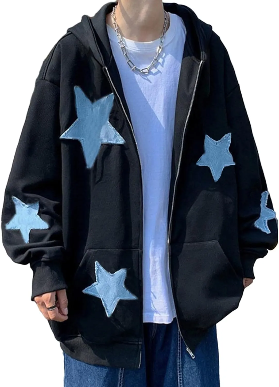 Mxiqqpltky Zip Up Hoodie Women Y2k Star Patch Graphic Hoodies Harajuku Oversized Aesthetic Sweatshirt Jacket Streetwear