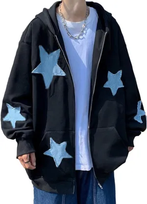 Mxiqqpltky Zip Up Hoodie Women Y2k Star Patch Graphic Hoodies Harajuku Oversized Aesthetic Sweatshirt Jacket Streetwear