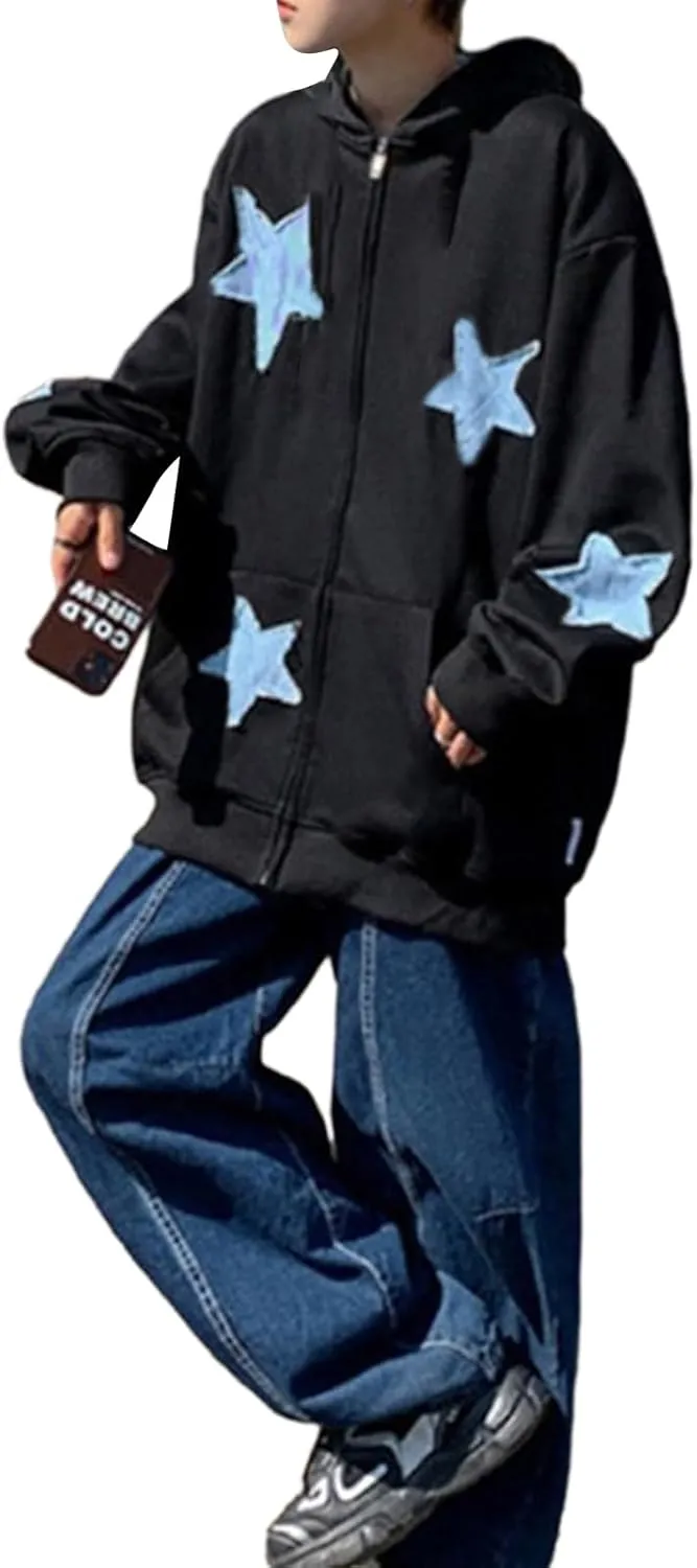 Mxiqqpltky Zip Up Hoodie Women Y2k Star Patch Graphic Hoodies Harajuku Oversized Aesthetic Sweatshirt Jacket Streetwear