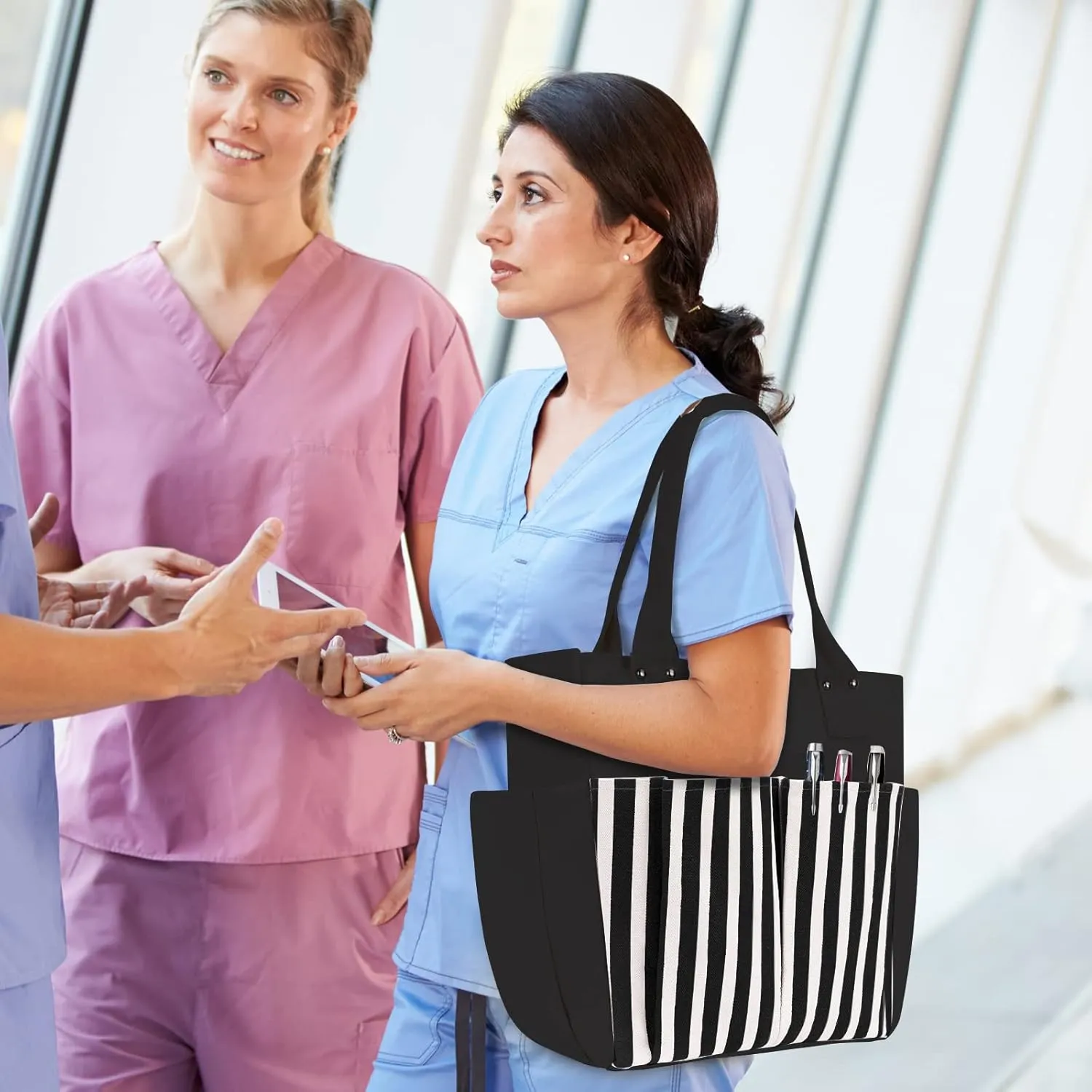 Nicav Canvas Tote Bags for Women, Large Utility Tote Bags with Pockets Zip Top for Teacher Nurse Work