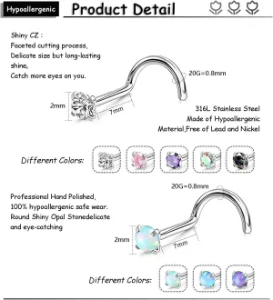 Nose Rings Studs: 8Pcs 20G Gold/Silver 316L Surgical Stainless Steel Nose Studs Hypoallergenic Corkscrew Nose Piercing Stud Jewelry for Women Men Clear Cubic Zirconia Imitation Diamond Top Size 1.5mm 2mm 2.5mm 3mm
