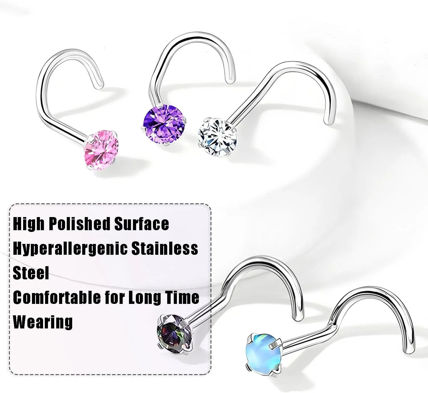 Nose Rings Studs: 8Pcs 20G Gold/Silver 316L Surgical Stainless Steel Nose Studs Hypoallergenic Corkscrew Nose Piercing Stud Jewelry for Women Men Clear Cubic Zirconia Imitation Diamond Top Size 1.5mm 2mm 2.5mm 3mm