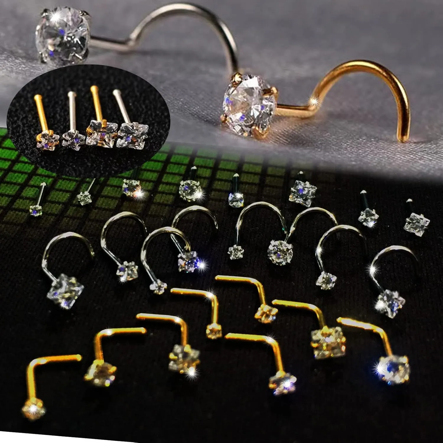 Nose Rings Studs L Screw Bone Shpaed Nose Studs for Women 18g 20g 22g 14K Gold Plated