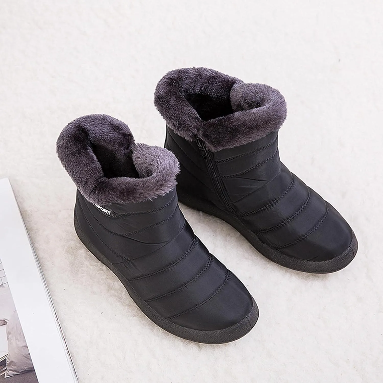 oiangi Snow Boots for Women Waterproof Fashion Solid Round Toe Slip-on Platform Ankle Boots Winter Comfortable Warm Quilted Outdoor Casual Flat Shoes