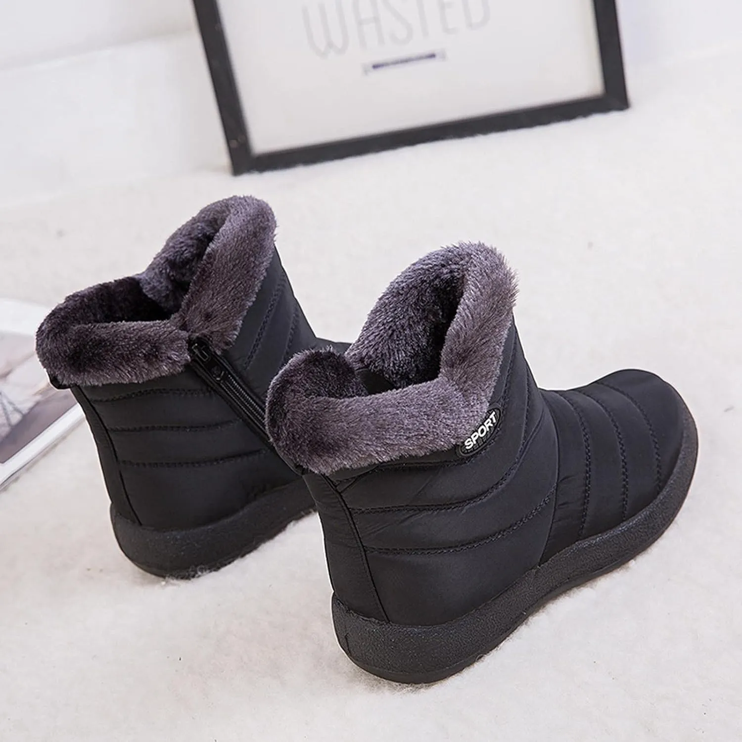 oiangi Snow Boots for Women Waterproof Fashion Solid Round Toe Slip-on Platform Ankle Boots Winter Comfortable Warm Quilted Outdoor Casual Flat Shoes
