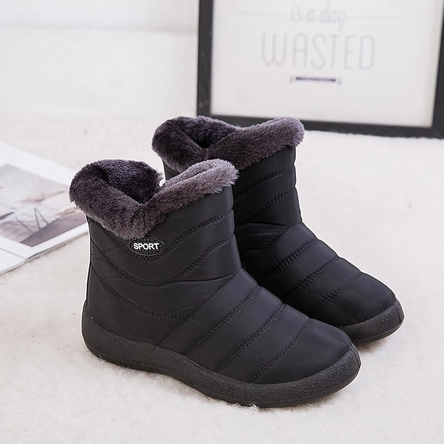 oiangi Snow Boots for Women Waterproof Fashion Solid Round Toe Slip-on Platform Ankle Boots Winter Comfortable Warm Quilted Outdoor Casual Flat Shoes