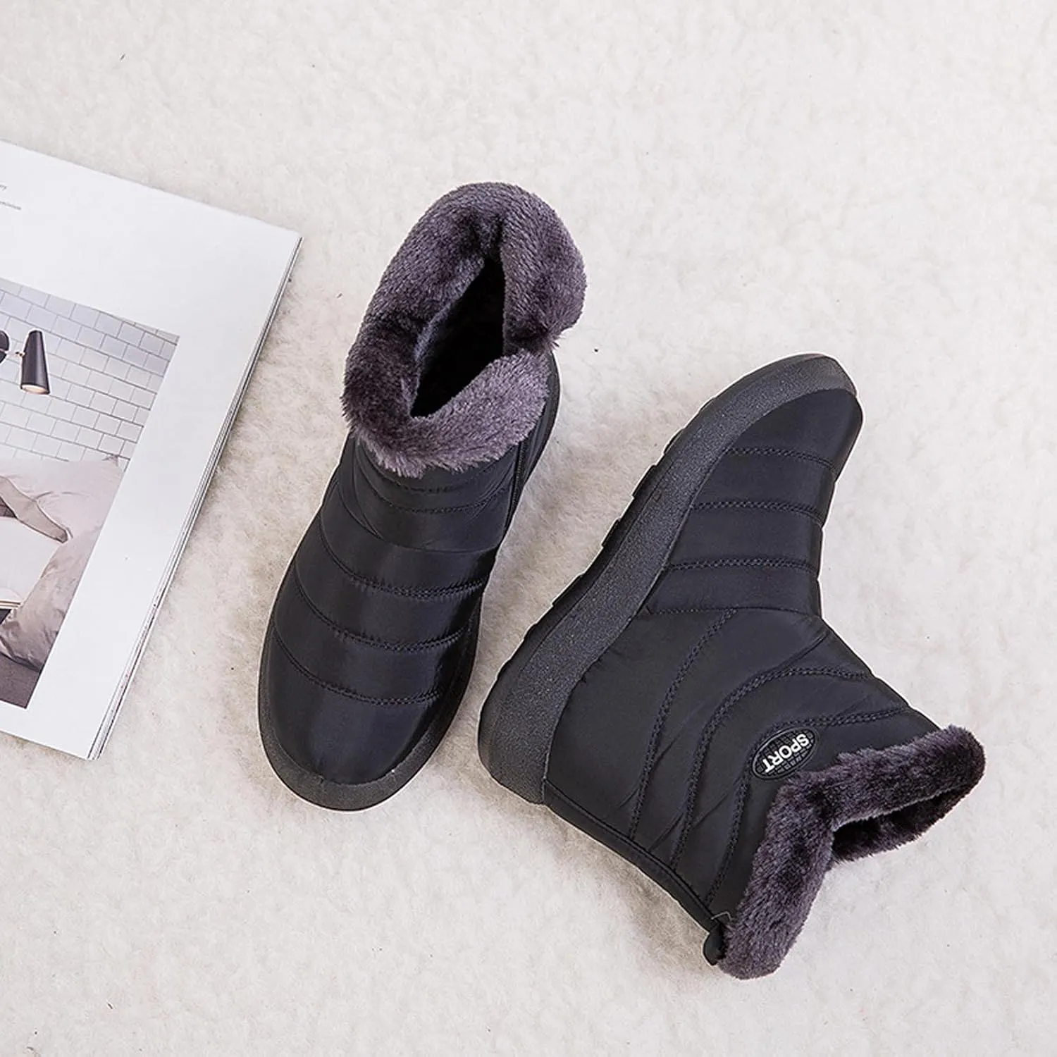 oiangi Snow Boots for Women Waterproof Fashion Solid Round Toe Slip-on Platform Ankle Boots Winter Comfortable Warm Quilted Outdoor Casual Flat Shoes