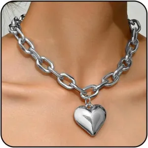 Otxas Chunky Heart Necklaces for Women Statement Gold Puffy Heart Pendant Chain Necklaces for Women Chunky Jewelr