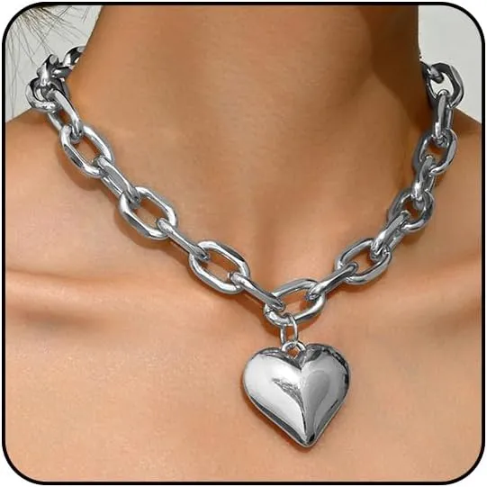 Otxas Chunky Heart Necklaces for Women Statement Gold Puffy Heart Pendant Chain Necklaces for Women Chunky Jewelr