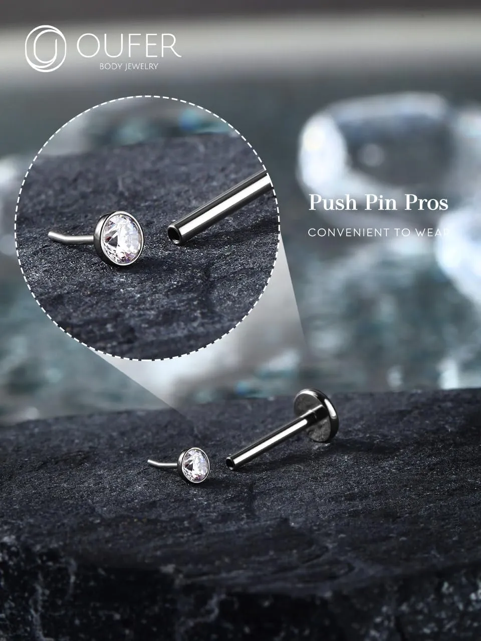 OUFER 2Pcs 20G/18G/16G G23 Titanium Threadless Nose Stud Earrings Flat Back Tiny CZ Small Nose Helix Cartilage Tragus Conch Labret Medusa Monroe Piercing Jewelry for Women Men