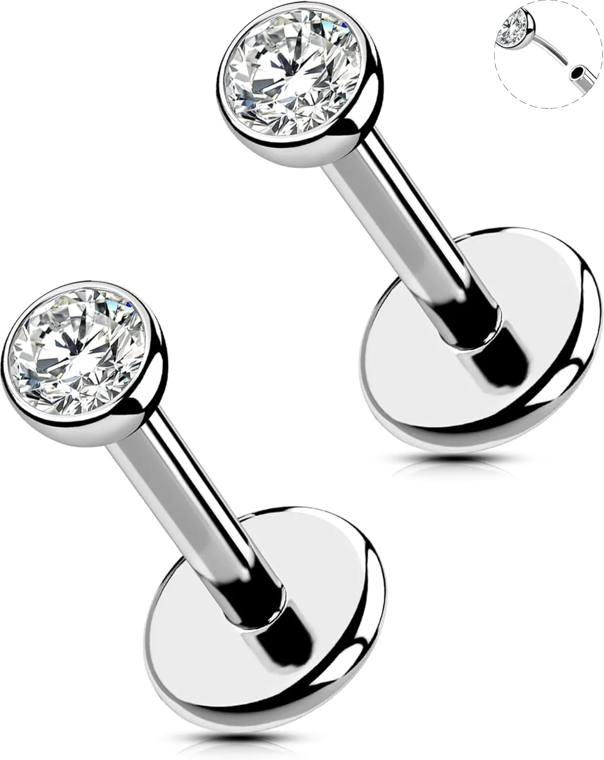 OUFER 2Pcs 20G/18G/16G G23 Titanium Threadless Nose Stud Earrings Flat Back Tiny CZ Small Nose Helix Cartilage Tragus Conch Labret Medusa Monroe Piercing Jewelry for Women Men