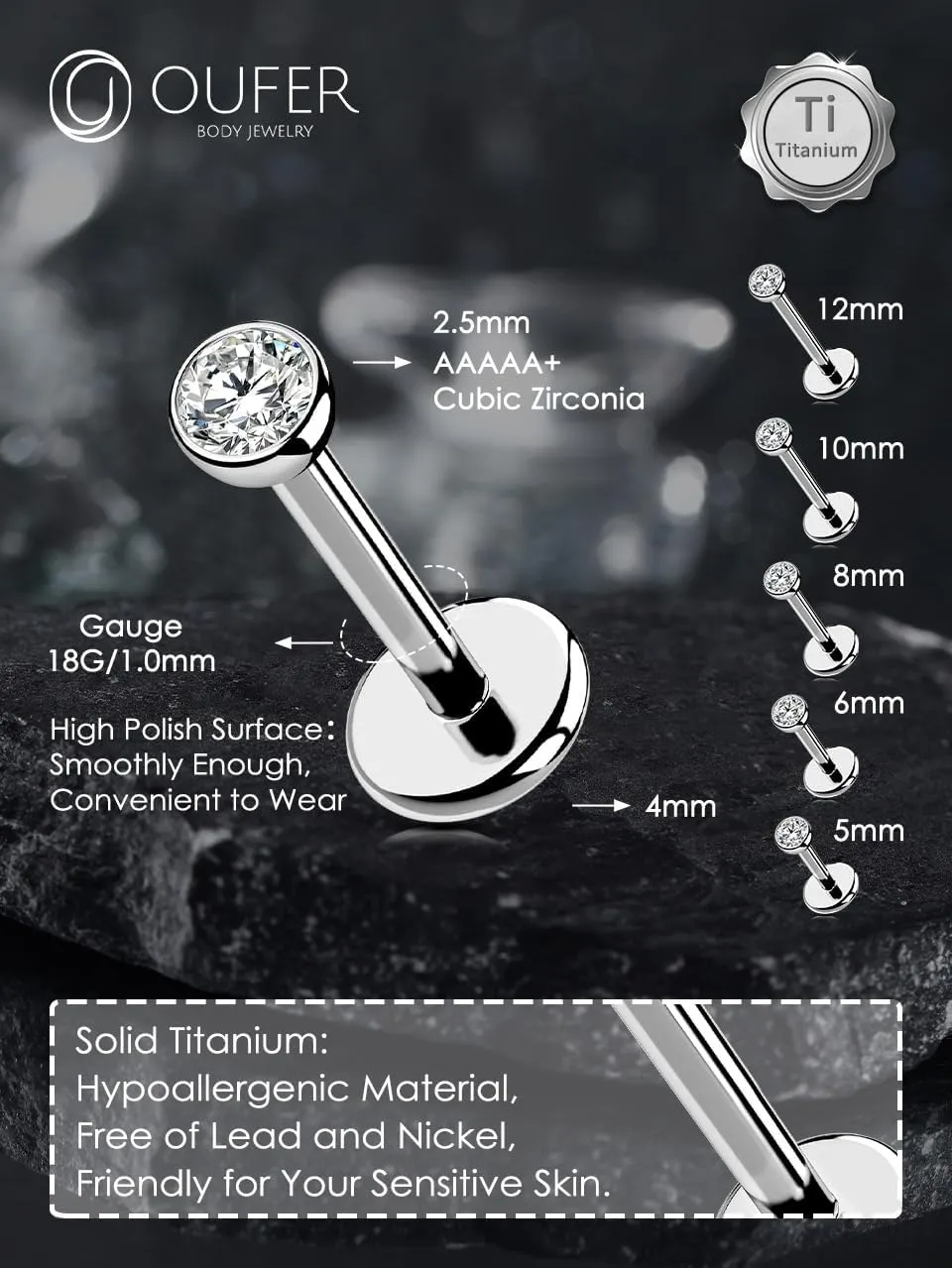OUFER 2Pcs 20G/18G/16G G23 Titanium Threadless Nose Stud Earrings Flat Back Tiny CZ Small Nose Helix Cartilage Tragus Conch Labret Medusa Monroe Piercing Jewelry for Women Men