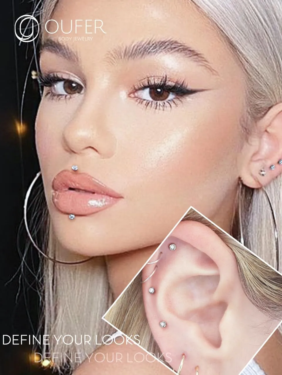 OUFER 2Pcs 20G/18G/16G G23 Titanium Threadless Nose Stud Earrings Flat Back Tiny CZ Small Nose Helix Cartilage Tragus Conch Labret Medusa Monroe Piercing Jewelry for Women Men