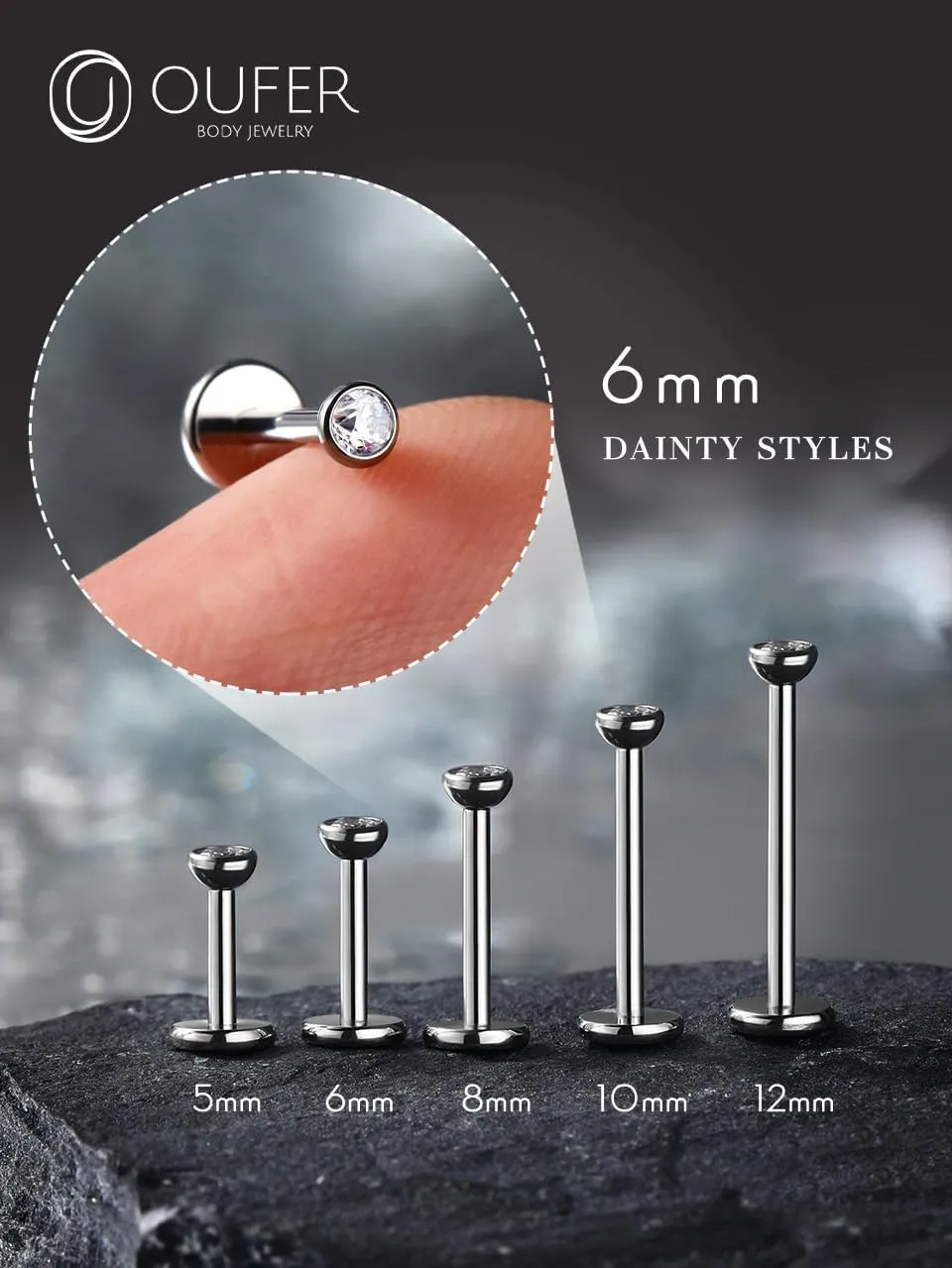 OUFER 2Pcs 20G/18G/16G G23 Titanium Threadless Nose Stud Earrings Flat Back Tiny CZ Small Nose Helix Cartilage Tragus Conch Labret Medusa Monroe Piercing Jewelry for Women Men