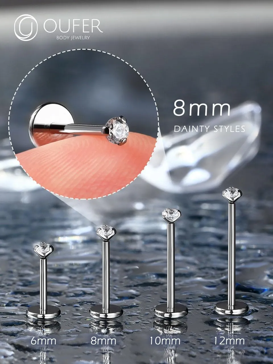 OUFER 2PCS Nose Piercings, G23 Solid Titanium Threadless Nose Rings 20G, Clear Tiny CZ Nose Stud Flat Back Nose Nostril Piercing Jewelry for Women Men