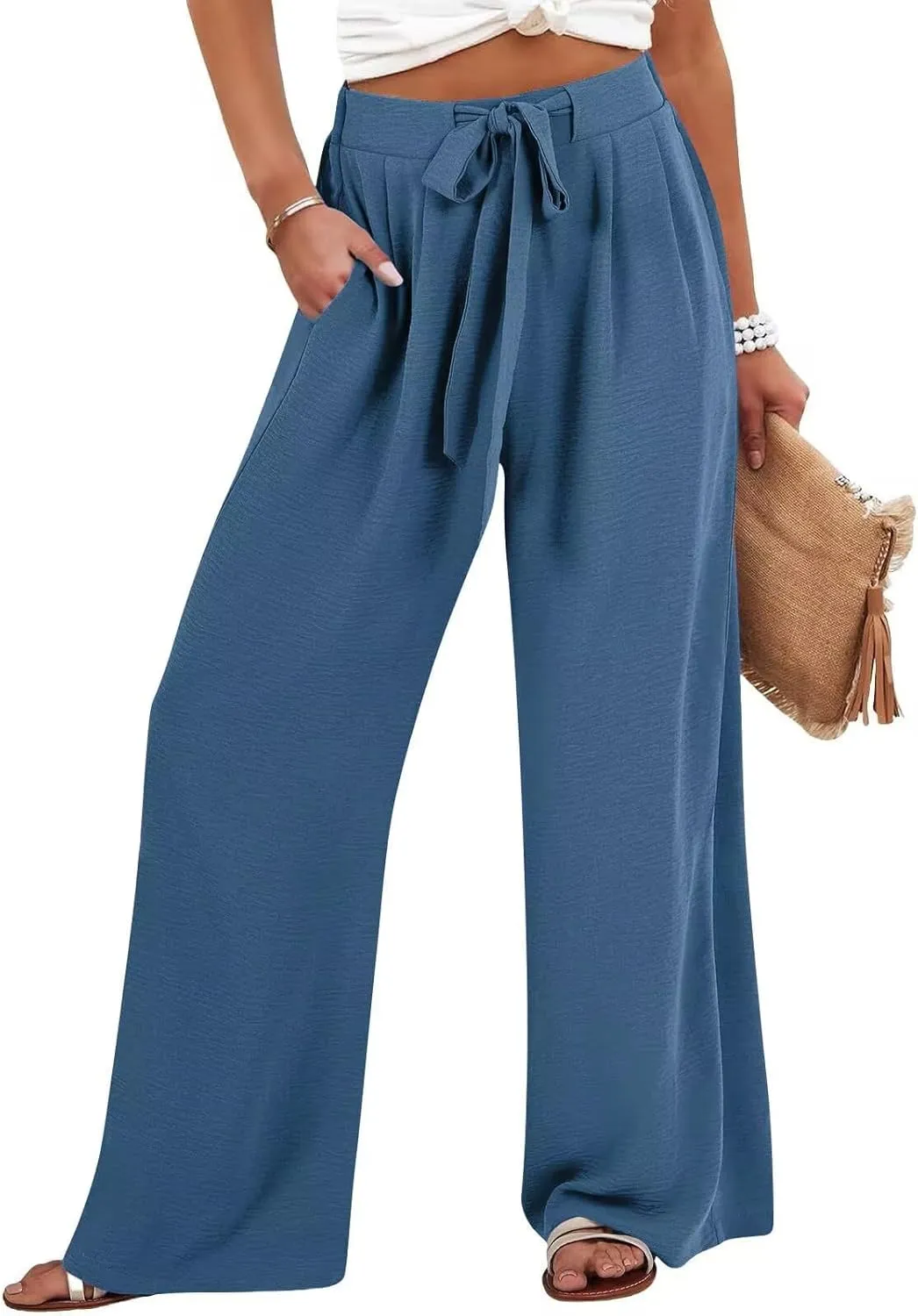 Palazzo Pants for Women Drawstring Waist Wide Leg Pants Casual Loose Fit Trousers Summer Beach Vacation Pant