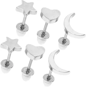 PartyKindom 3 Pairs Minimalist Star Moon Heart Earring Studs Set Stainless Steel Ear Jewelry for Women Men