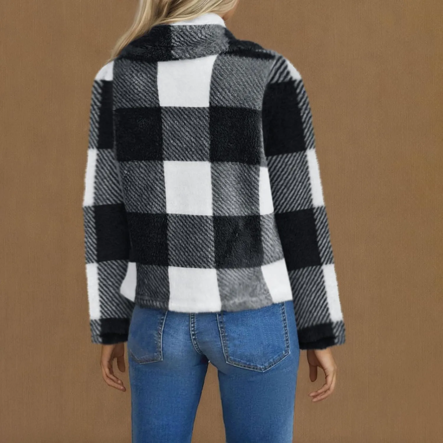 Pea Coats for Women Oversized Fleece Plaid Cardigan Long Sleeve Thermal Winter Jackets Casual Fit Outerwear