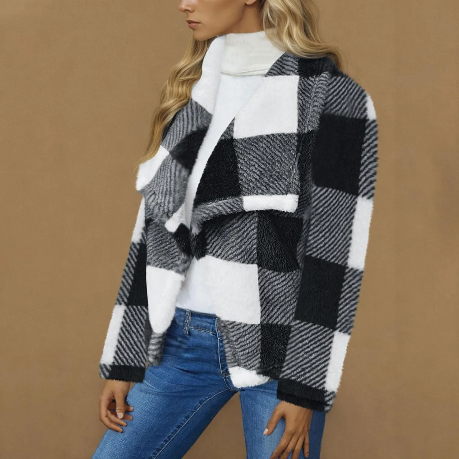 Pea Coats for Women Oversized Fleece Plaid Cardigan Long Sleeve Thermal Winter Jackets Casual Fit Outerwear