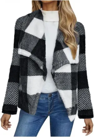 Pea Coats for Women Oversized Fleece Plaid Cardigan Long Sleeve Thermal Winter Jackets Casual Fit Outerwear