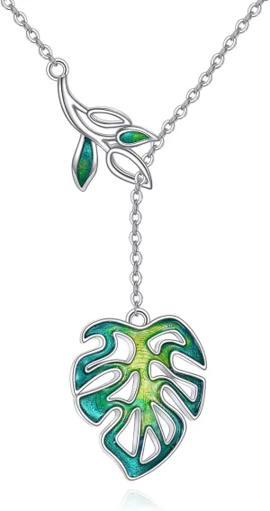 POPLYKE Monstera Leaf Necklaces for Women Sterling Silver Plant Necklaces Pendant Green Leaf Necklace Nature Leaf Jewelry