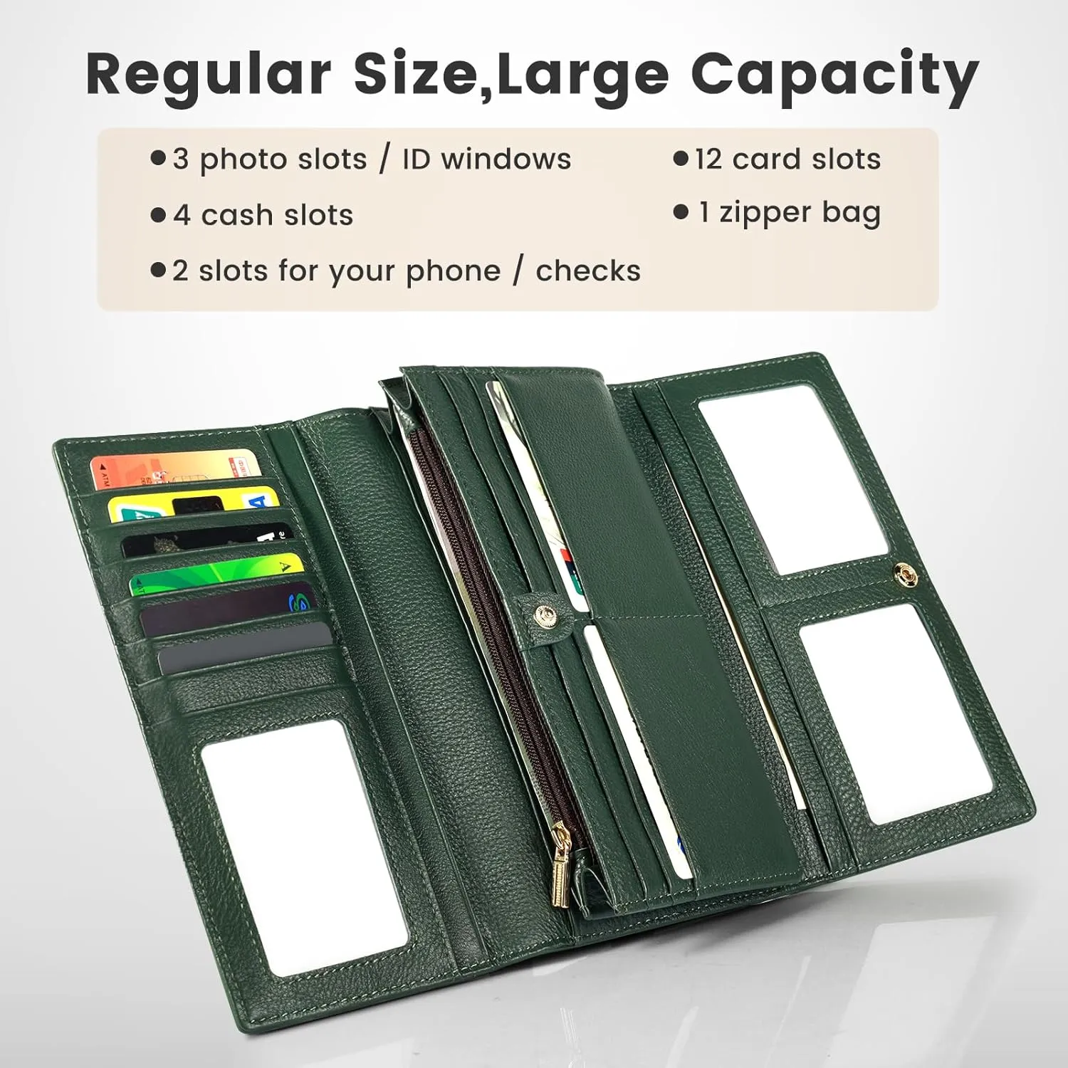 Professional RFID Blocking Wallet for Women - Genuine Leather Work Purse with Phone Pocket, Large Capacity Organizer for Credit Cards, ID, Cash & Office Essentials (Green)