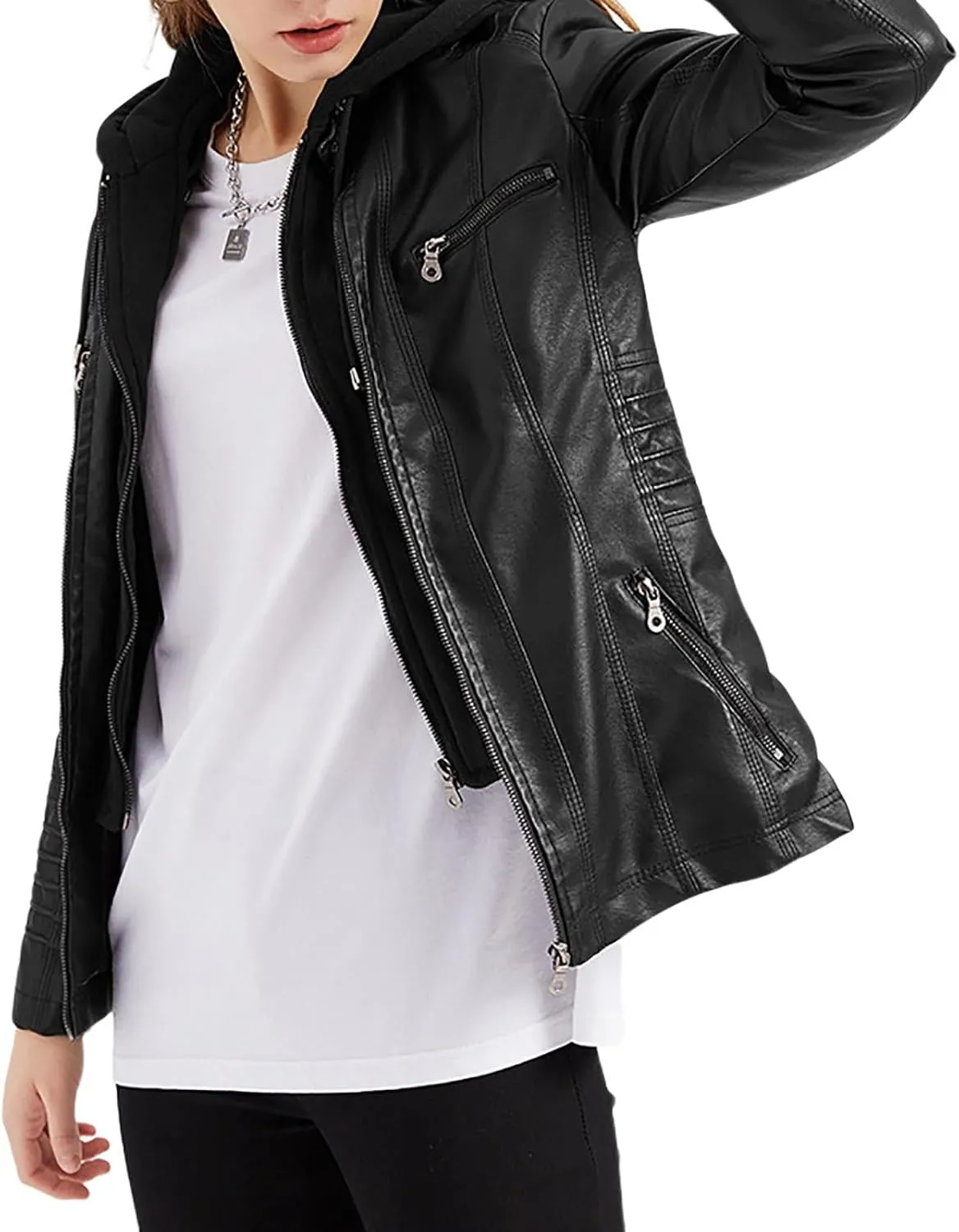 PU Faux Leather Jacket Women Motorcycle Coat for Biker with Removable Hood Plus Size Full Zip Jackets Winter Outfits