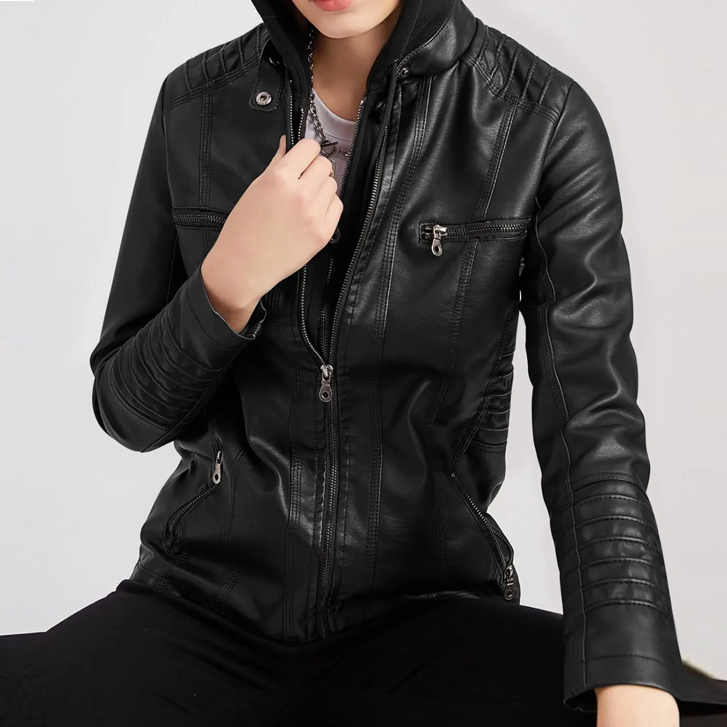PU Faux Leather Jacket Women Motorcycle Coat for Biker with Removable Hood Plus Size Full Zip Jackets Winter Outfits