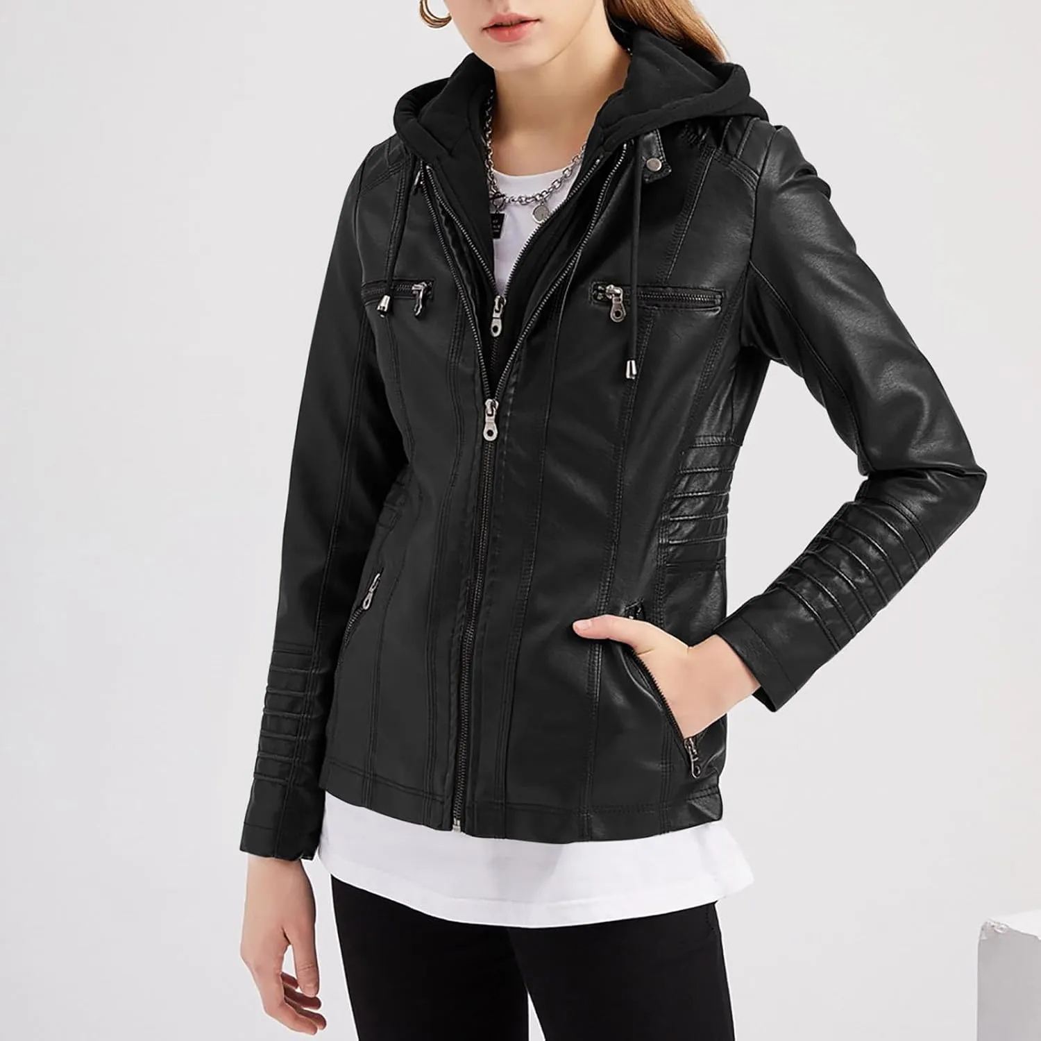 PU Faux Leather Jacket Women Motorcycle Coat for Biker with Removable Hood Plus Size Full Zip Jackets Winter Outfits