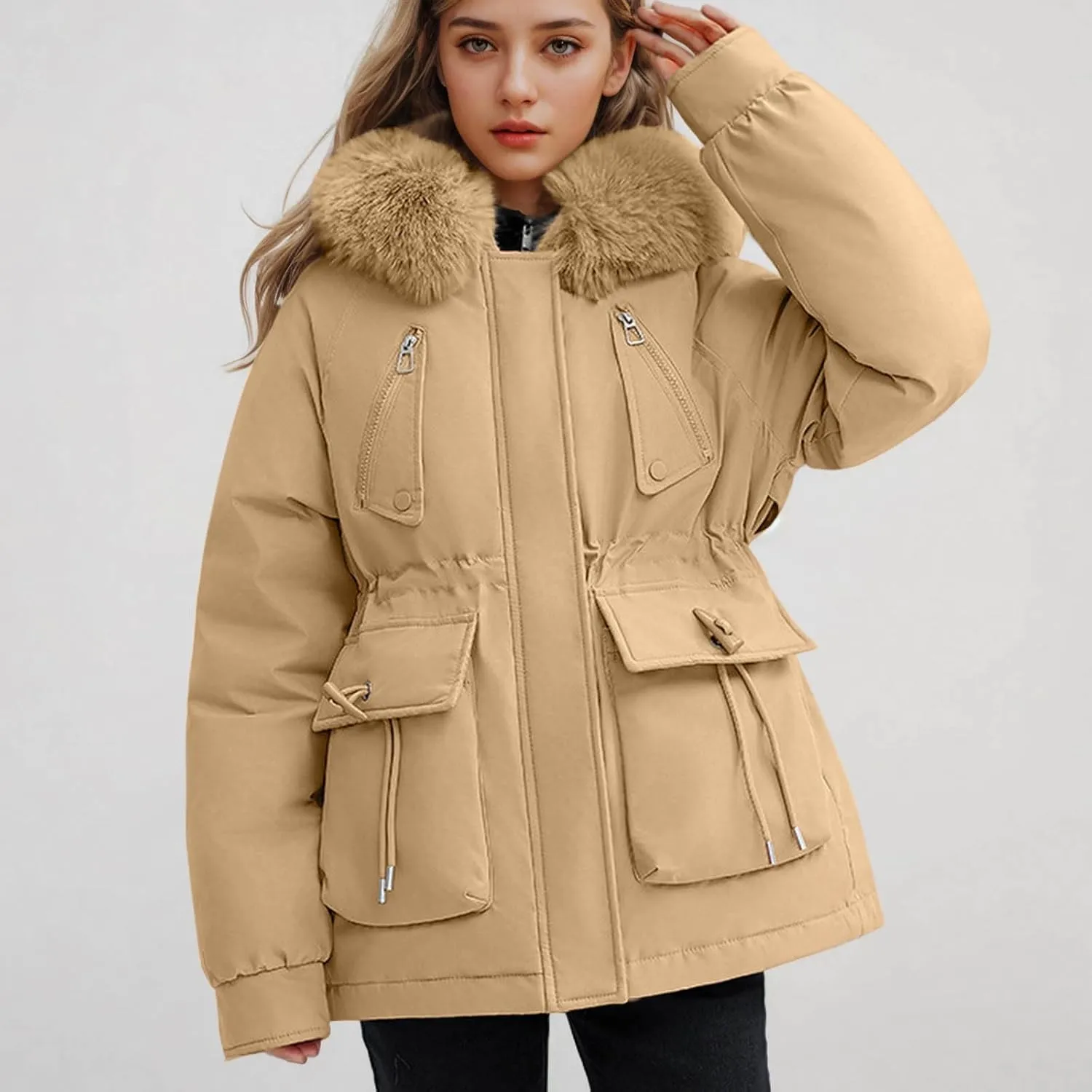 Puffer Jacket Womens Winter Warm Down Coats Casual Thicken Parkas Zip Up Fleece Down Jackets Drawstring Waist Outwear