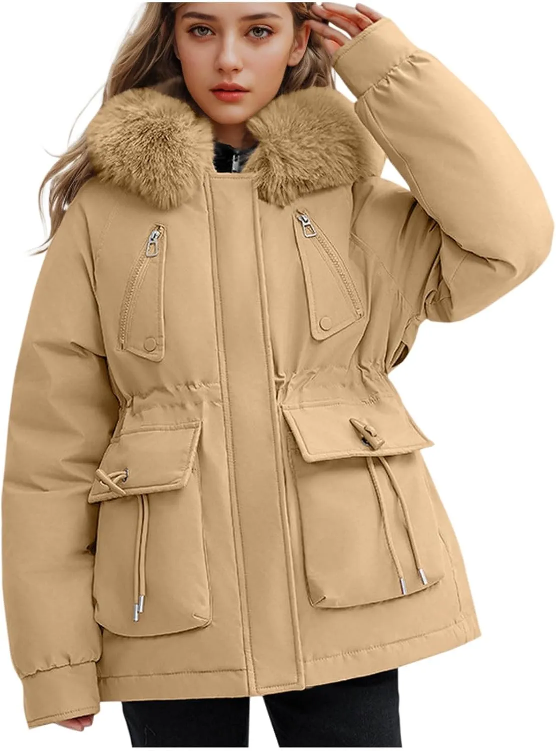 Puffer Jacket Womens Winter Warm Down Coats Casual Thicken Parkas Zip Up Fleece Down Jackets Drawstring Waist Outwear