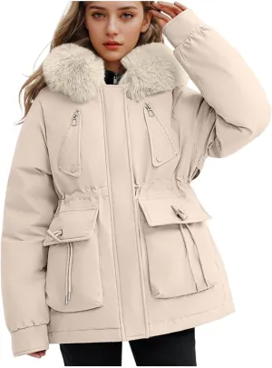 Puffer Jacket Womens Winter Warm Down Coats Casual Thicken Parkas Zip Up Fleece Down Jackets Drawstring Waist Outwear