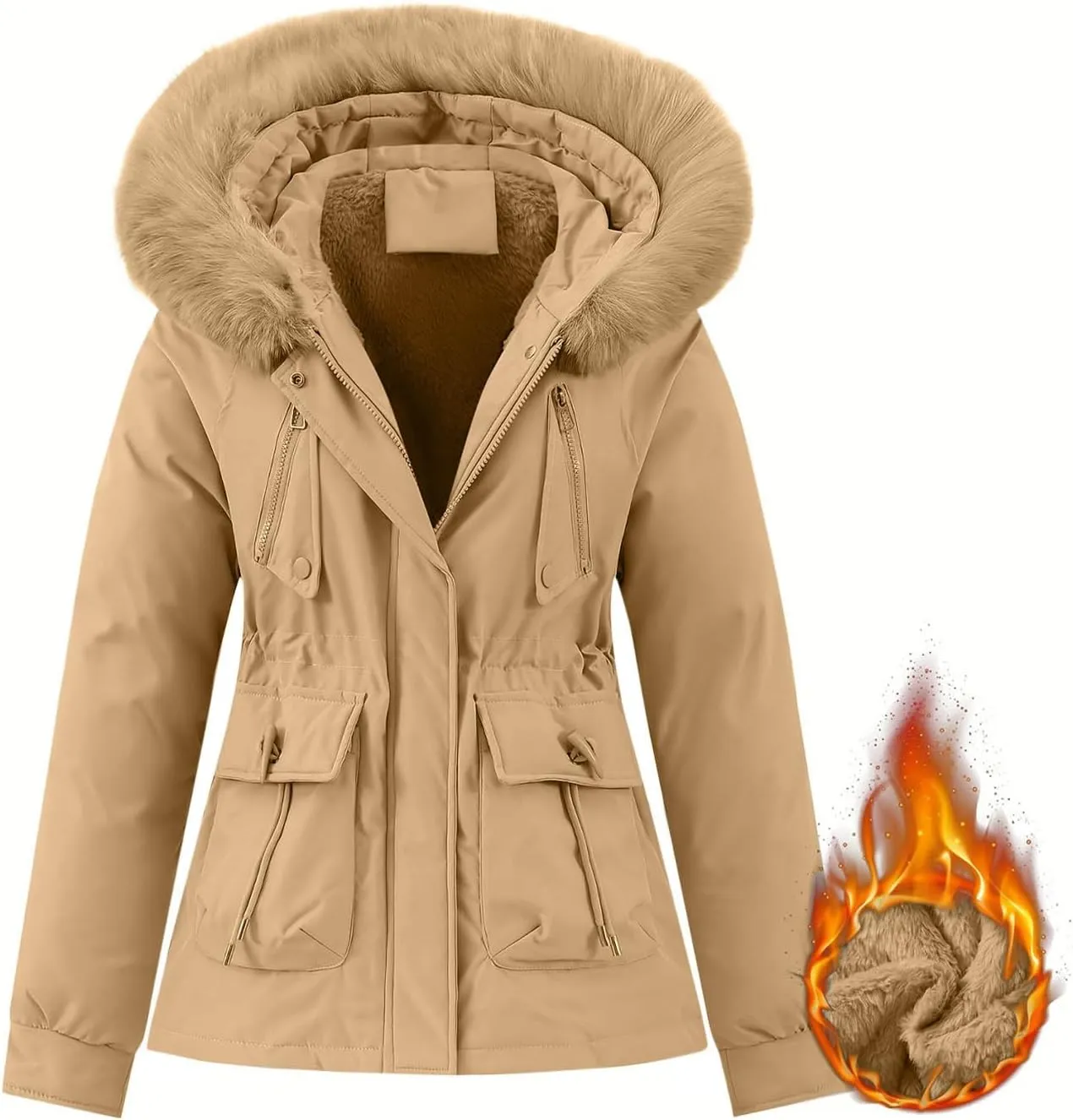 Puffer Jacket Womens Winter Warm Down Coats Casual Thicken Parkas Zip Up Fleece Down Jackets Drawstring Waist Outwear