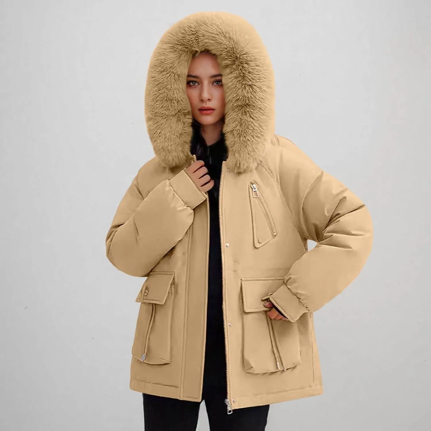 Puffer Jacket Womens Winter Warm Down Coats Casual Thicken Parkas Zip Up Fleece Down Jackets Drawstring Waist Outwear