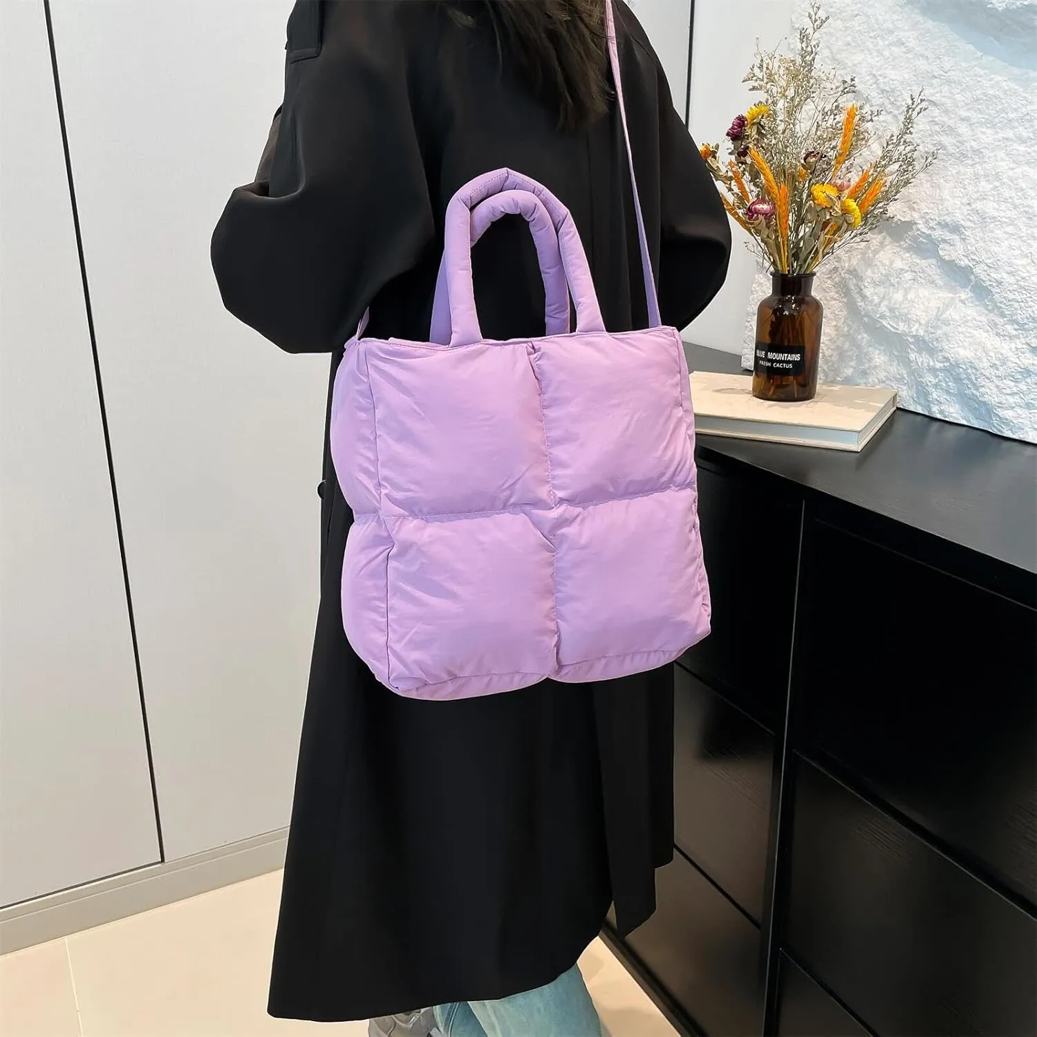 Puffer Tote Bag for Women, Small Quilted Puffy Handbag Cotton Padded Trendy Satchel Shoulder Crossbody Purse