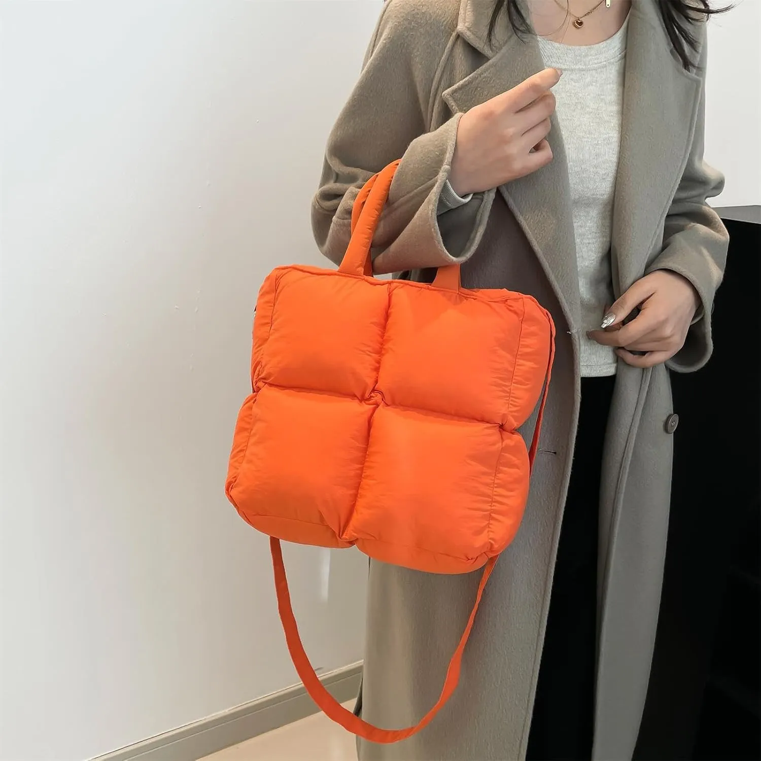 Puffer Tote Bag for Women, Small Quilted Puffy Handbag Cotton Padded Trendy Satchel Shoulder Crossbody Purse