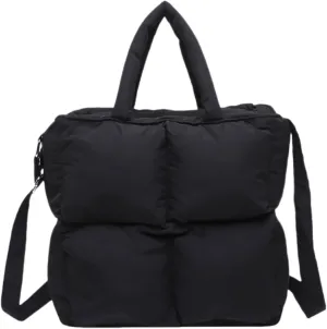 Puffer Tote Bag for Women, Small Quilted Puffy Handbag Cotton Padded Trendy Satchel Shoulder Crossbody Purse