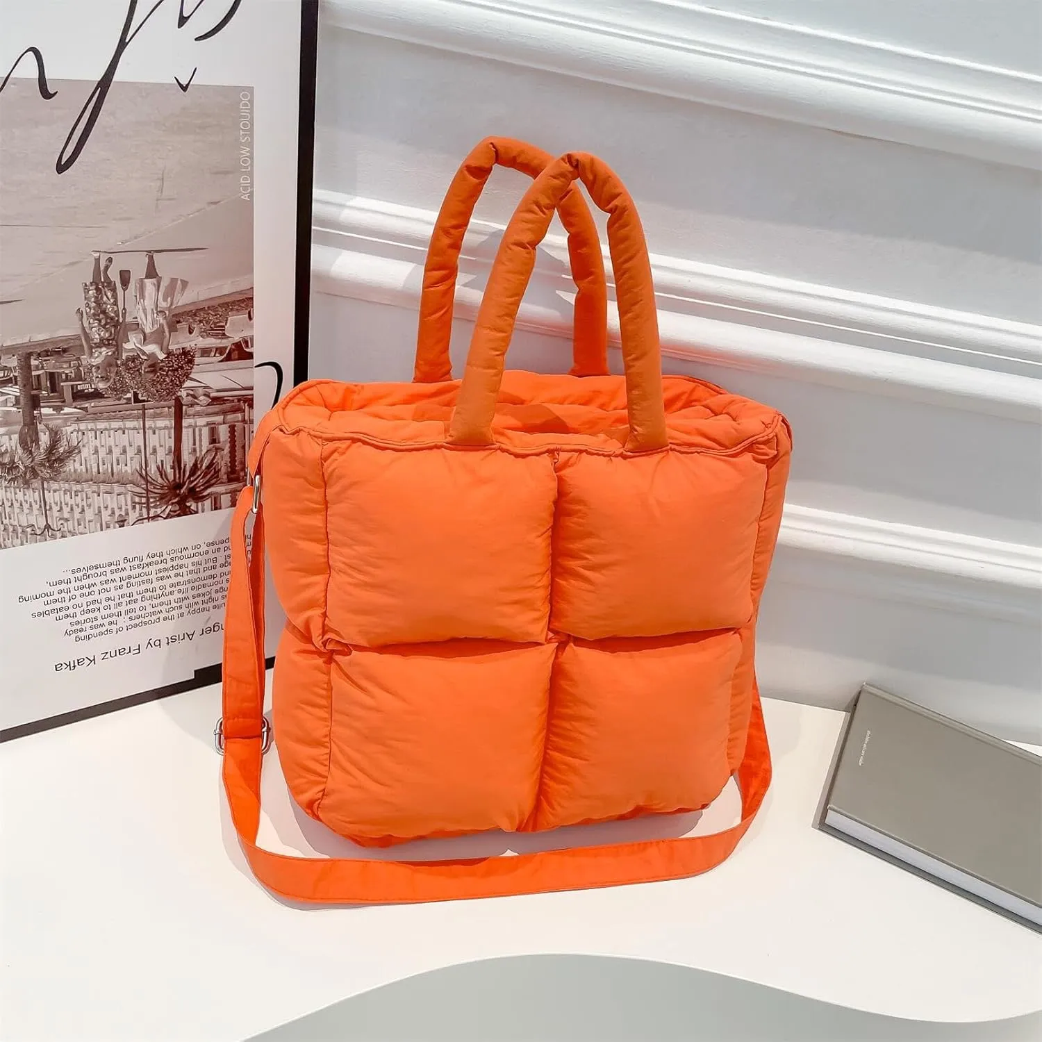 Puffer Tote Bag for Women, Small Quilted Puffy Handbag Cotton Padded Trendy Satchel Shoulder Crossbody Purse