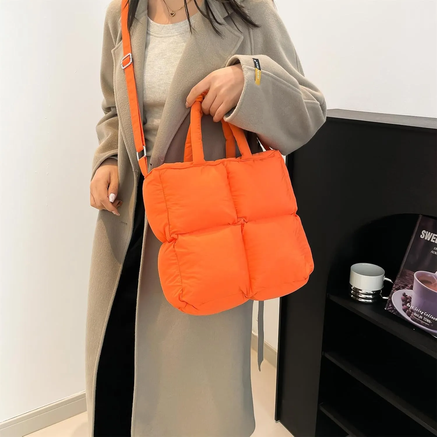 Puffer Tote Bag for Women, Small Quilted Puffy Handbag Cotton Padded Trendy Satchel Shoulder Crossbody Purse