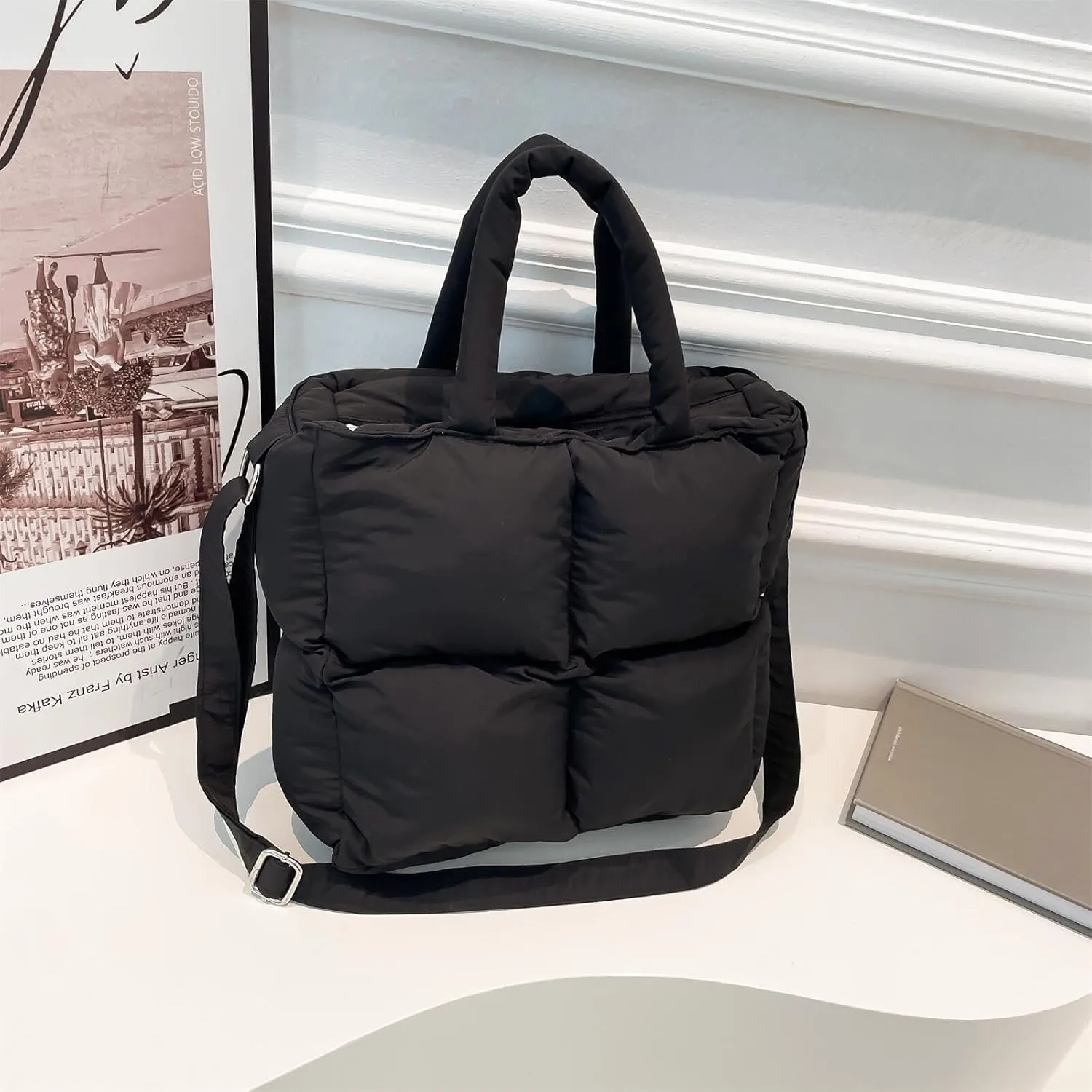 Puffer Tote Bag for Women, Small Quilted Puffy Handbag Cotton Padded Trendy Satchel Shoulder Crossbody Purse