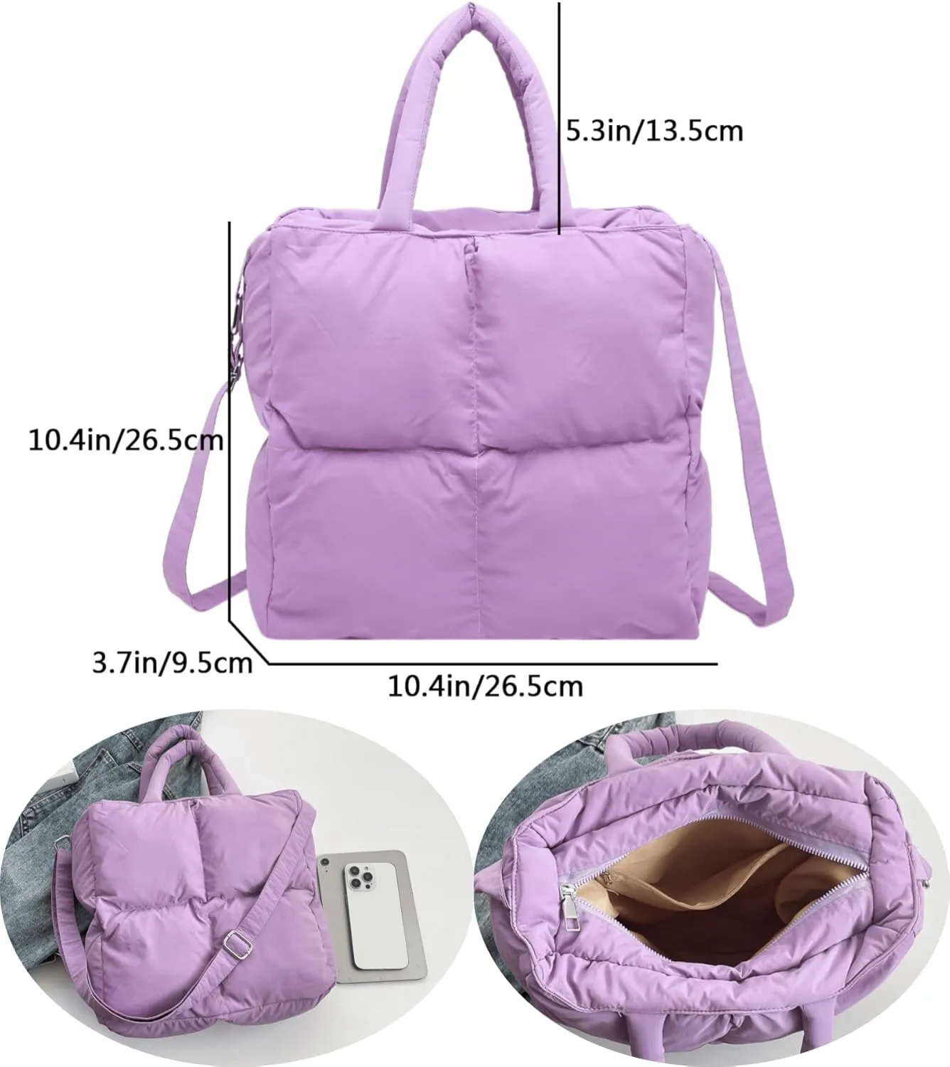 Puffer Tote Bag for Women, Small Quilted Puffy Handbag Cotton Padded Trendy Satchel Shoulder Crossbody Purse