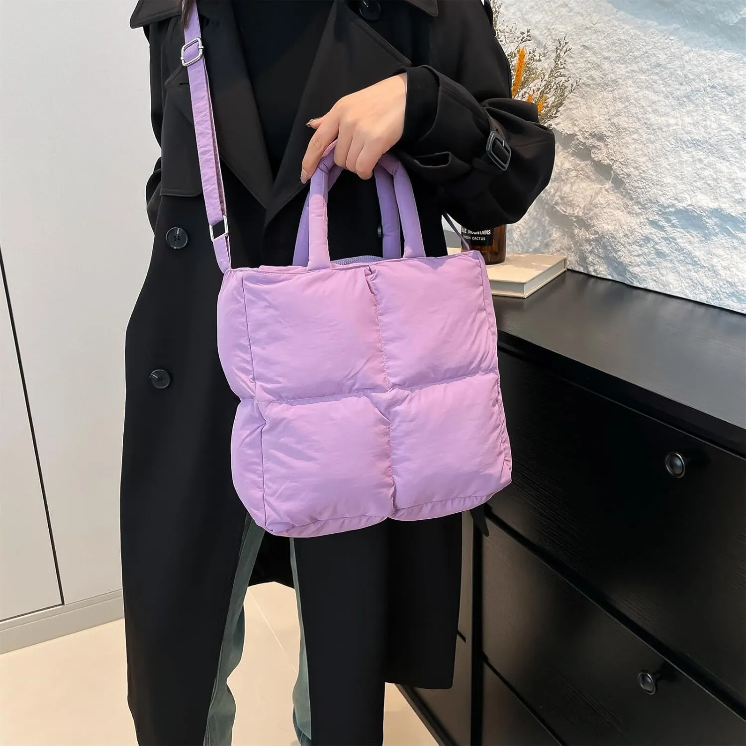 Puffer Tote Bag for Women, Small Quilted Puffy Handbag Cotton Padded Trendy Satchel Shoulder Crossbody Purse