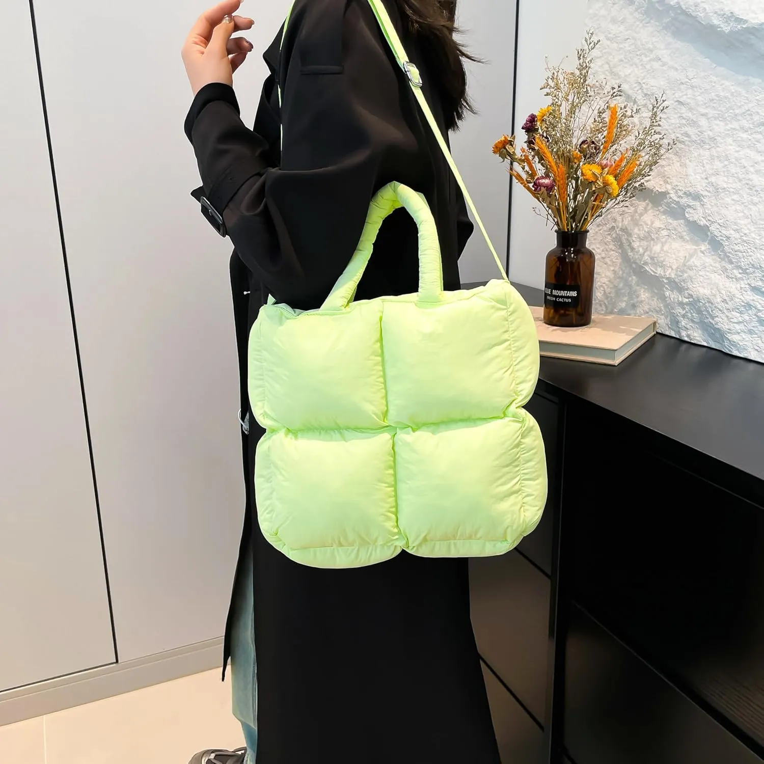 Puffer Tote Bag for Women, Small Quilted Puffy Handbag Cotton Padded Trendy Satchel Shoulder Crossbody Purse