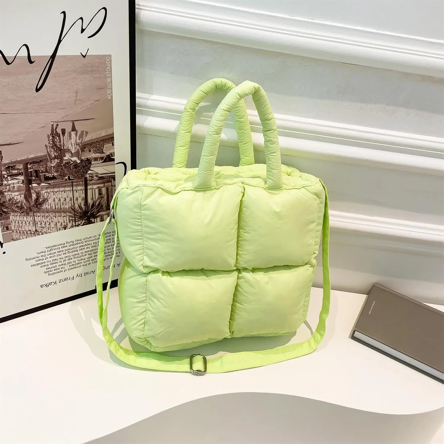 Puffer Tote Bag for Women, Small Quilted Puffy Handbag Cotton Padded Trendy Satchel Shoulder Crossbody Purse