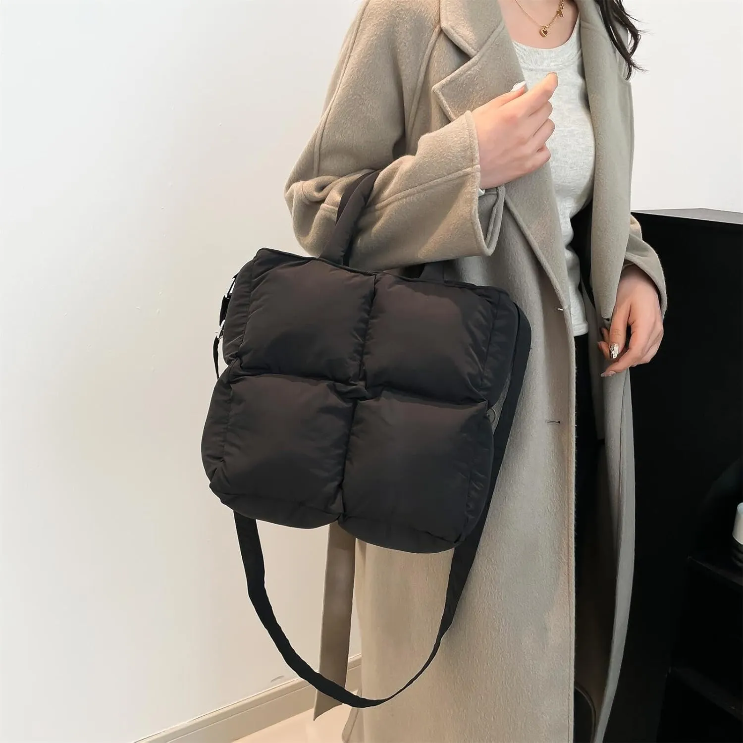 Puffer Tote Bag for Women, Small Quilted Puffy Handbag Cotton Padded Trendy Satchel Shoulder Crossbody Purse