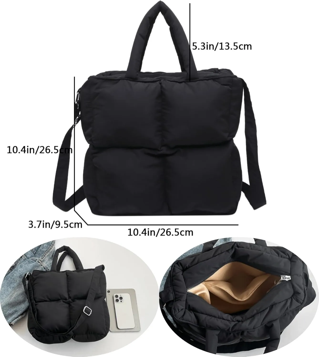 Puffer Tote Bag for Women, Small Quilted Puffy Handbag Cotton Padded Trendy Satchel Shoulder Crossbody Purse