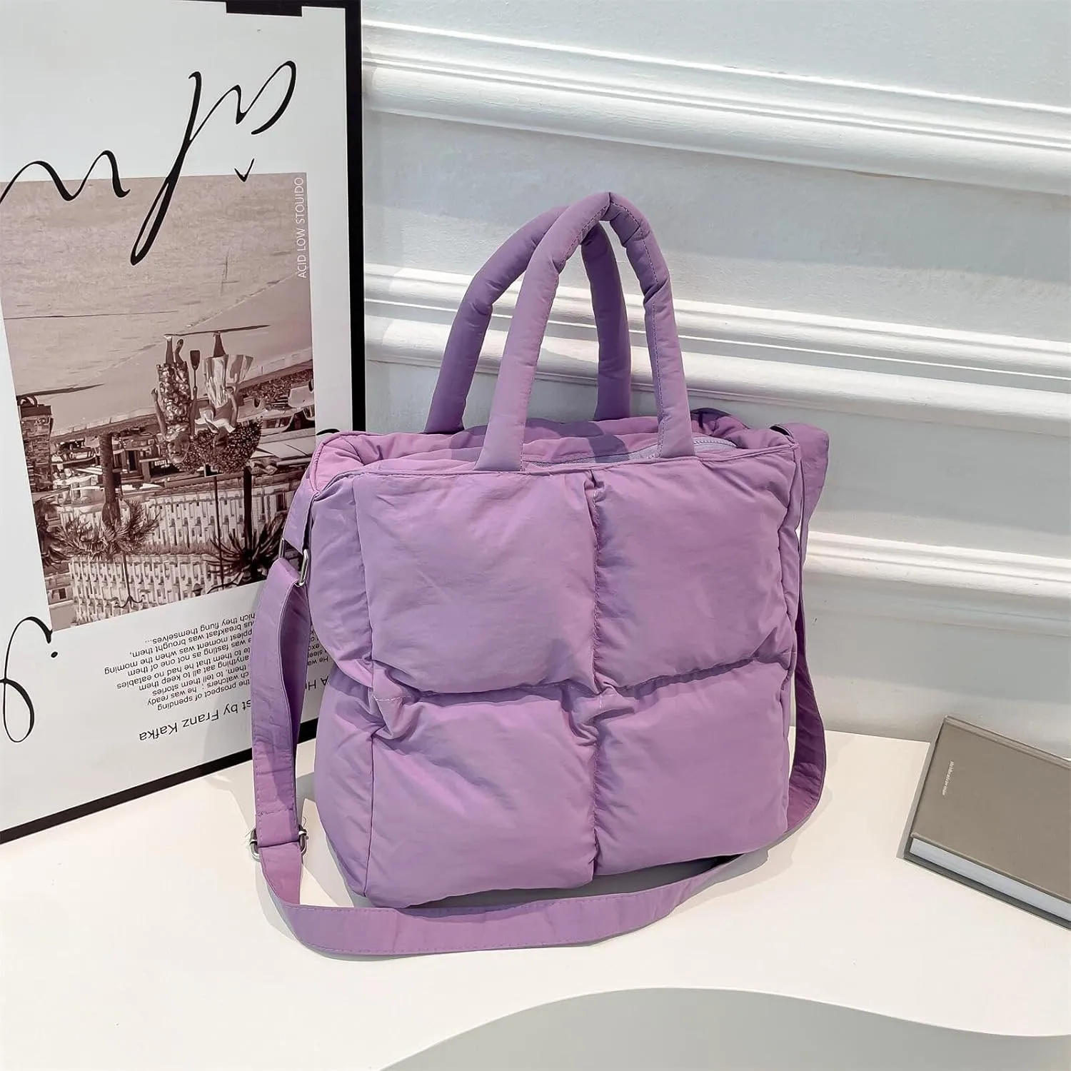Puffer Tote Bag for Women, Small Quilted Puffy Handbag Cotton Padded Trendy Satchel Shoulder Crossbody Purse